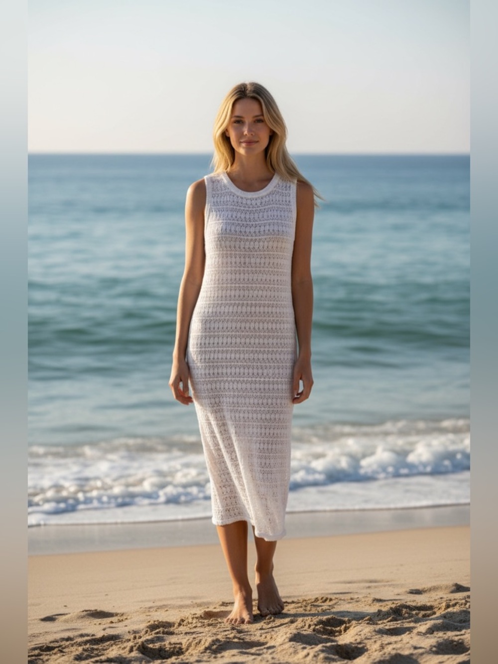 SADIE & SAGE White Boho Crochet Knit Midi Dress Beach Cover Up Small NWT Resort